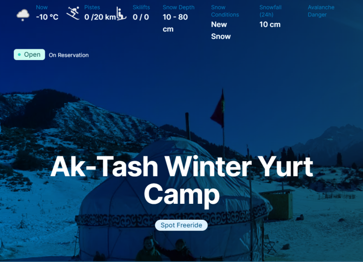 Screenshot of snowreport.kg Ak-Tash Winter yurt camp and backcountry ski base