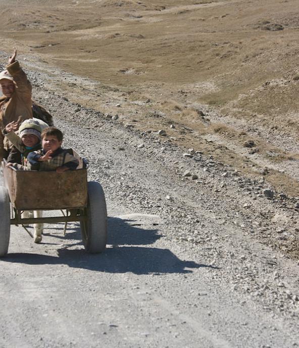 Kyrgyz Children Donkey Cart Kyrgyzstan Central Asia